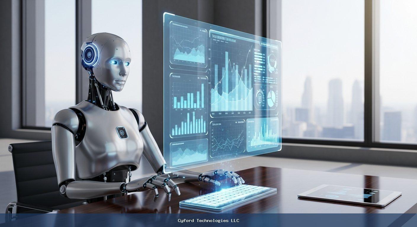 futuristic AI robot analyzing sales data in modern office